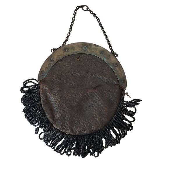 Black Beaded Small Purse With Floral Metal Frame & Fringe Detail Antique - Picture 3 of 10